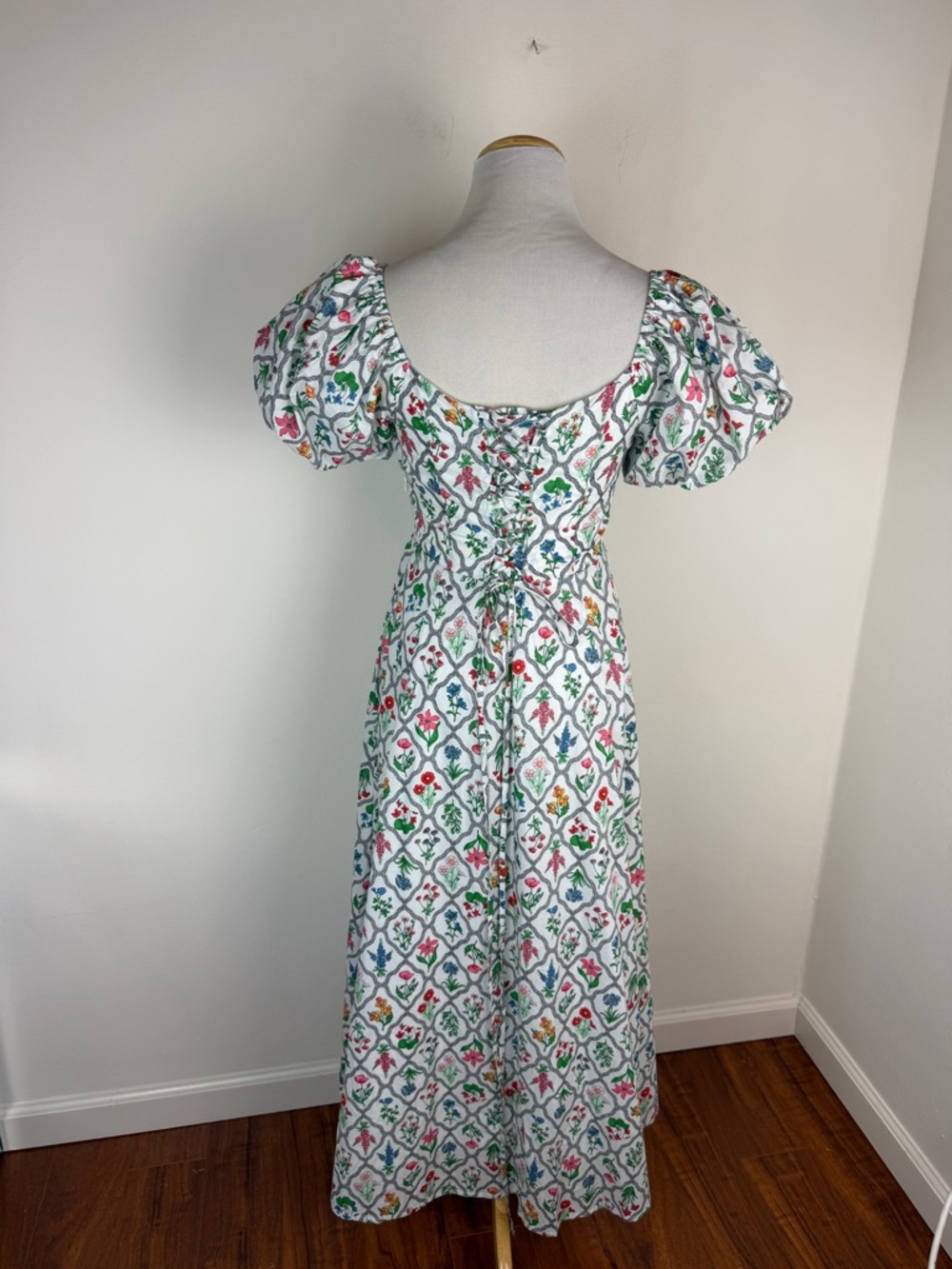 Anthropologie MOON RIVER Corset Lace Up Floral Midi Dress Puff Sleeve Size S - Picture 7 of 10